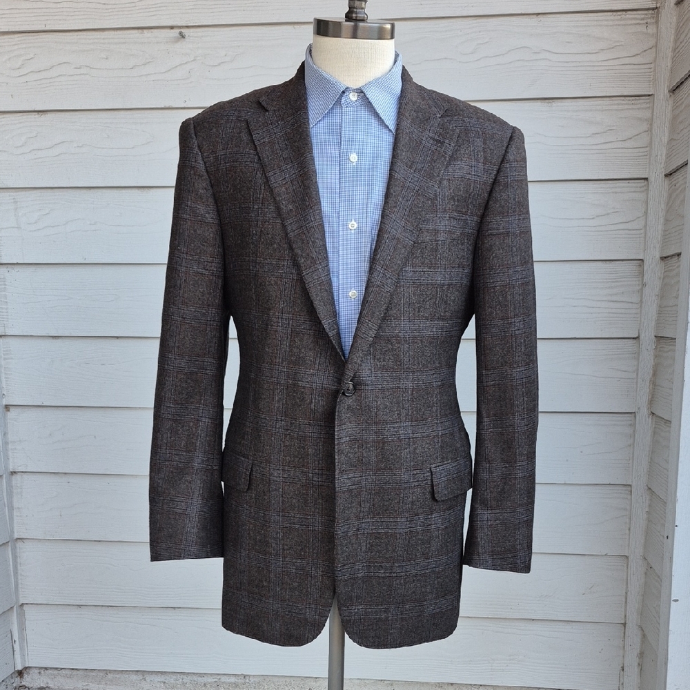 HICKEY FREEMAN Beacon Brown Grey‎ Plaid Worsted Wool Sz 42 L Sport Coat